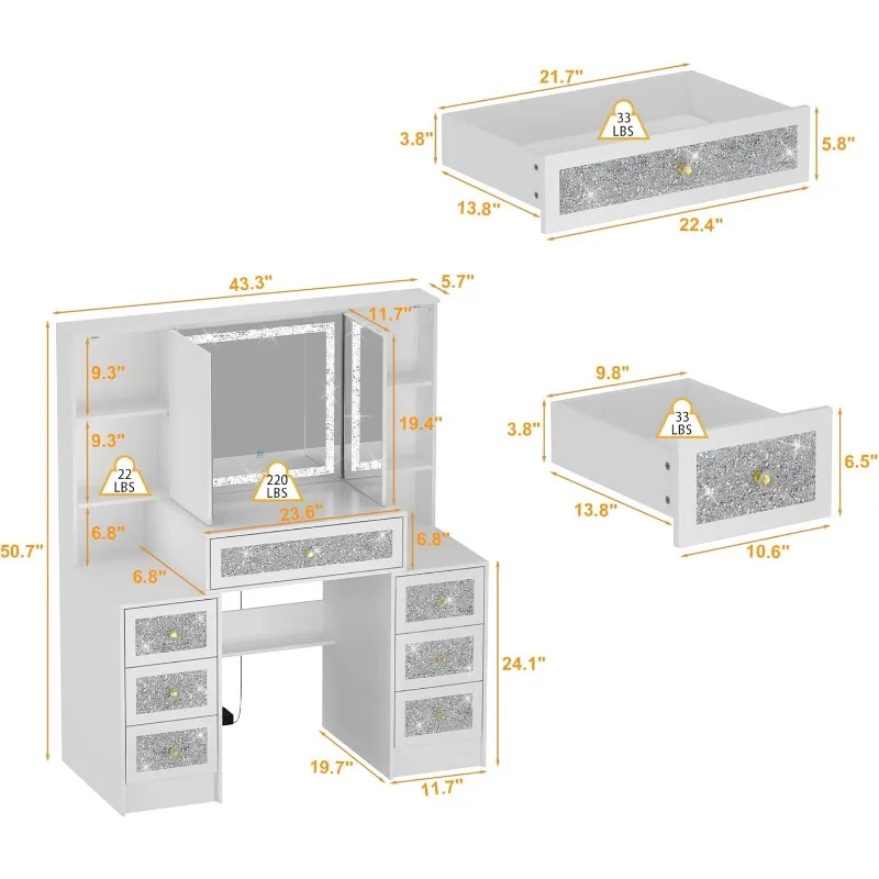 Makeup Vanity Desk with Lighted Mirror & Crushed Diamond, 43.3”W Dressing Table with 7 Drawers and 2 Doors