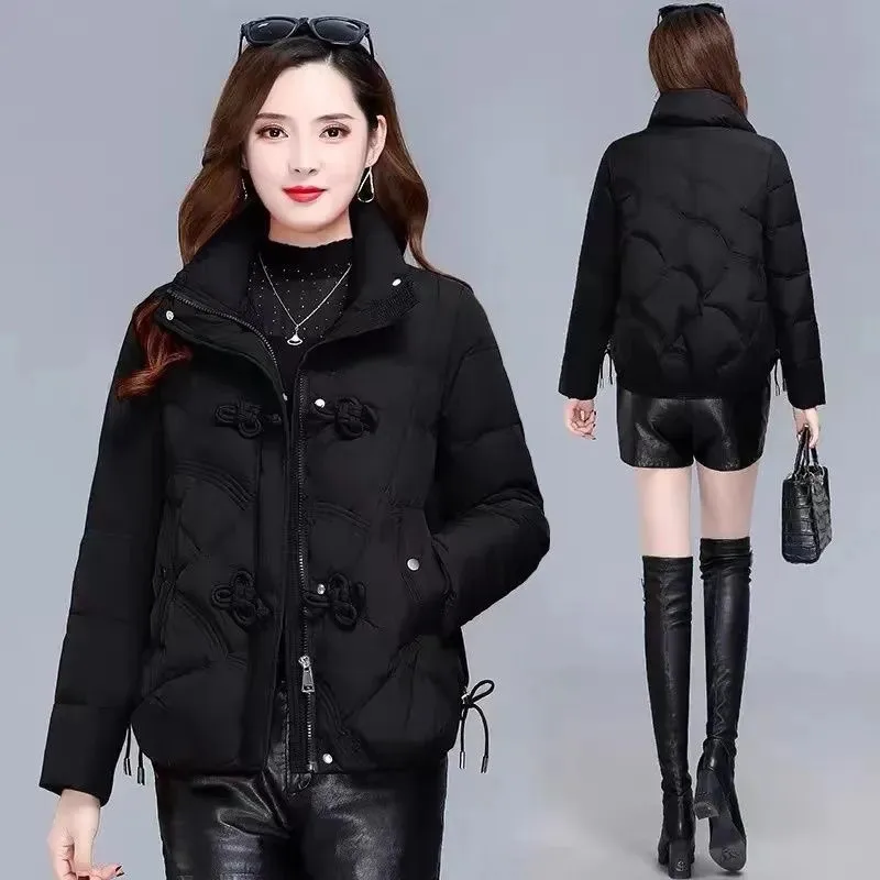 

Chinese Style Women's Retro Buckle Down Cotton Coat Short Fashion Female 2026 Winter Warm Jacket Loose Plus Size Thick Overwear