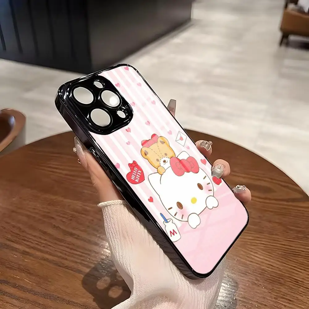 MINISO-Cartoon Hello Kittyes Phone Case For IPhone 16 15 14 Pro 11 13 12 Mini XS XR Max 8 7 6 Plus SE 2020 Glass Design Cove