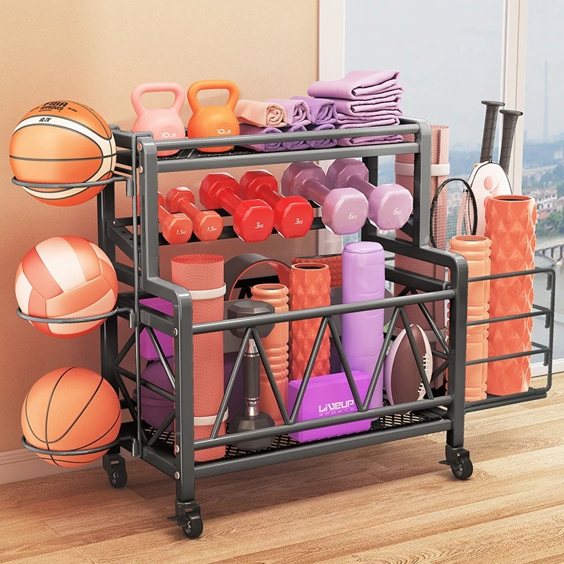 Mobile Wrought Iron Sports Storage Rack, Multifunctional Home Gym Organizer, Indoor Yoga Mat Basket, Portable Fitness Ball Stand