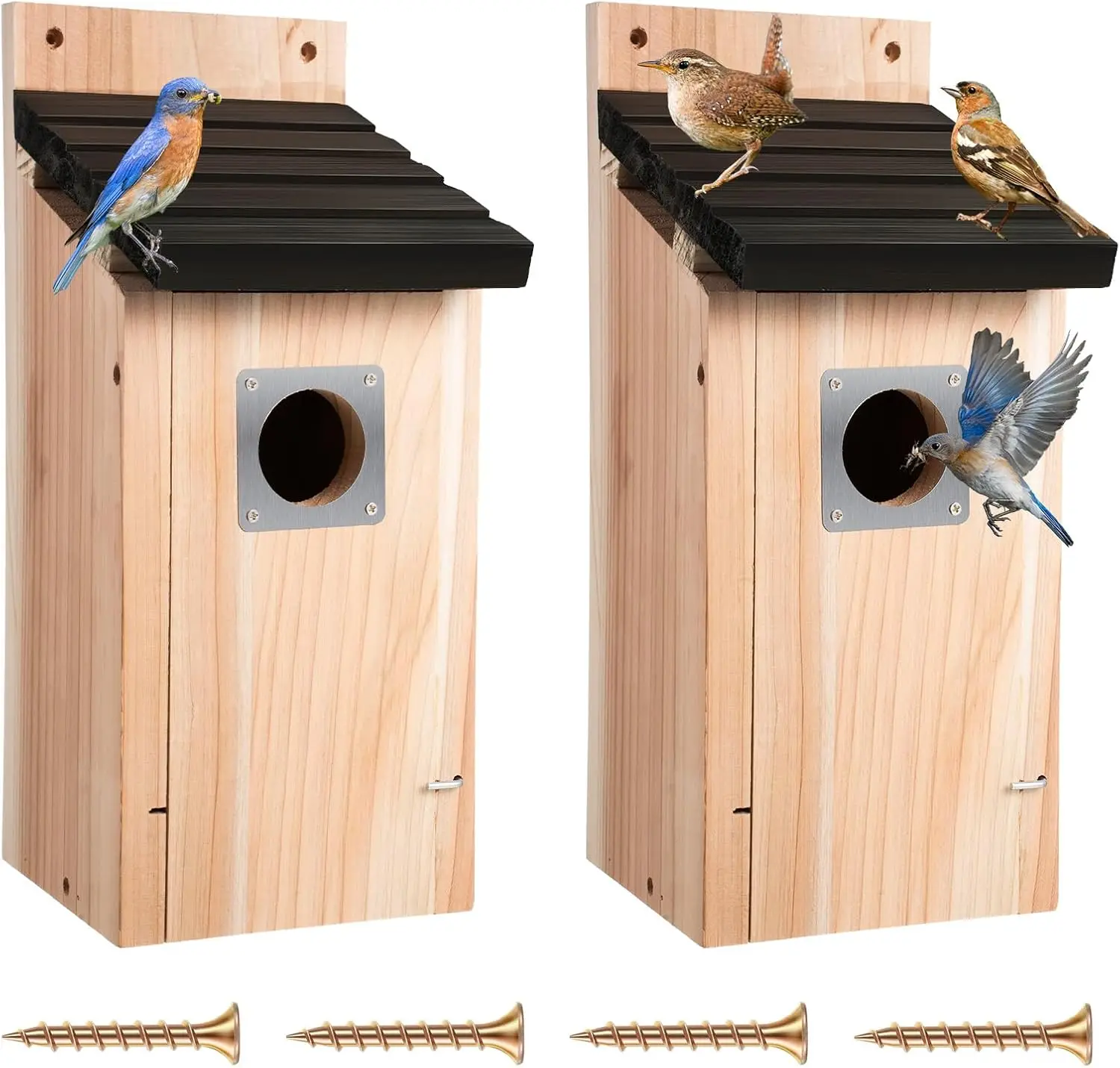 

Solid Wood Bird House with Metal Guard, Easy Install & Clean, Ideal for Bluebirds Wrens Swallows (2 Pack)