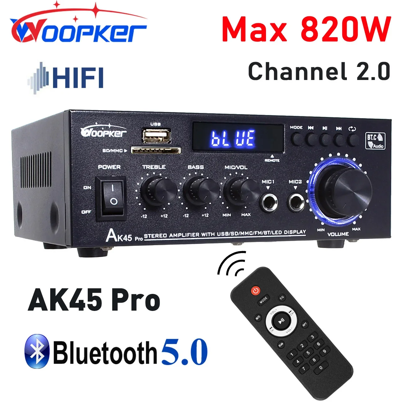 

Woopker AK45 Pro Audio Amplifier Max Output 820W Channel 2.0 Bluetooth AMP Karaoke HiFi Digital Stereo Receiver for Home RVs