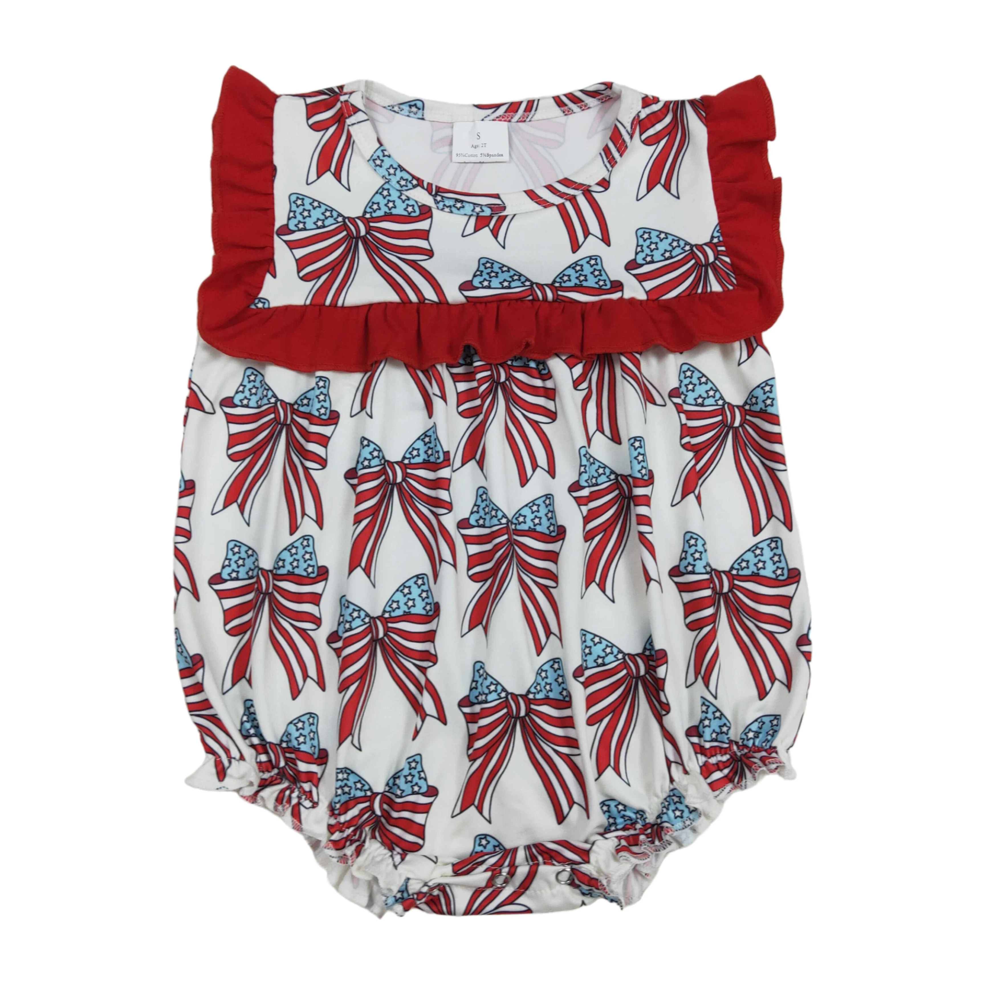 Wholesale Newborn Toddler July 4th Clothing Baby Girl Stars Bows Flags Infant Jumpsuit Kids Children Overall Bubble Romper