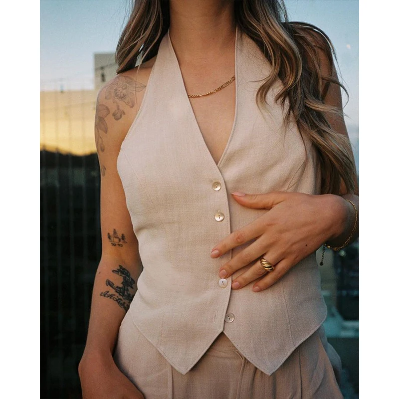 Casual Linen Two Piece Set For Women Sexy Halter Sleeveless Vest Tops + Wide Leg Pant Sets Streetwear Office Lady Tracksuit