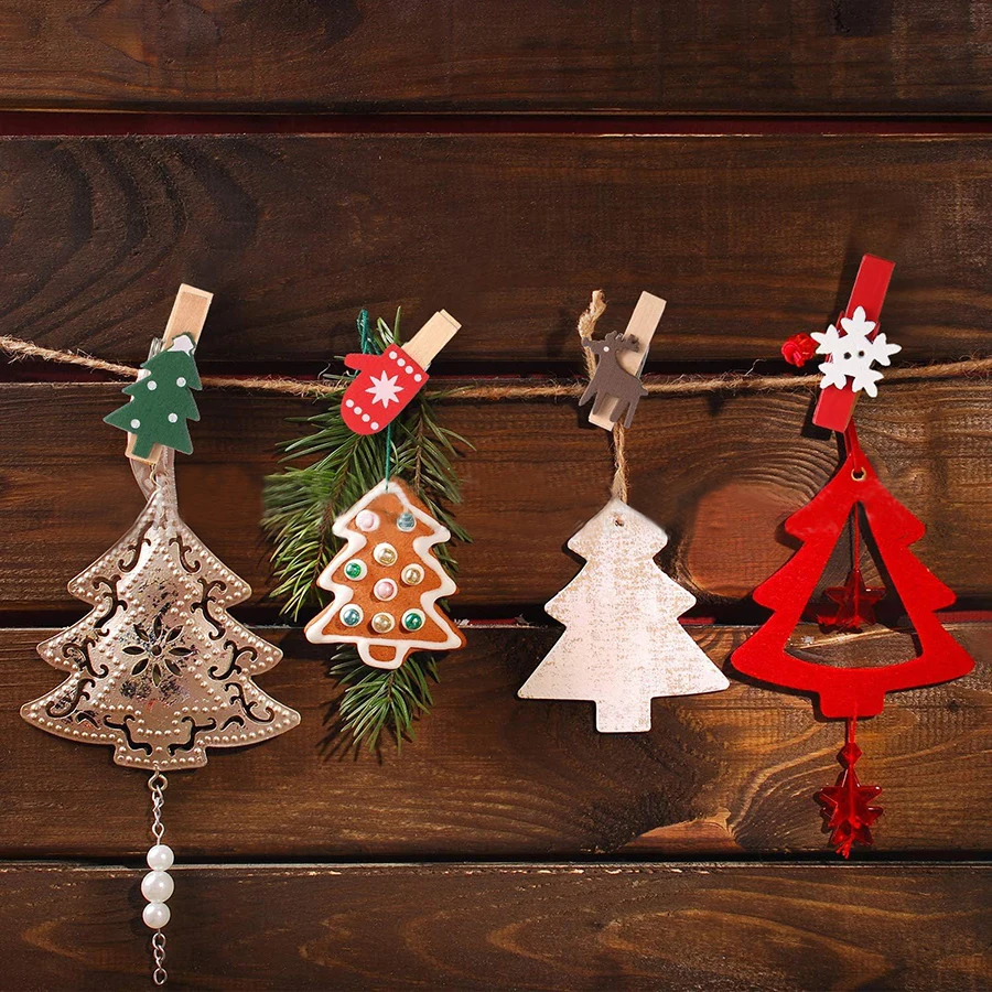 25pcs Mixed Styles Christmas Wood Clips Christmas Tree Photo Clips Elk Gloves Snowflake Clothespins DIY Photo Pegs for  New Year