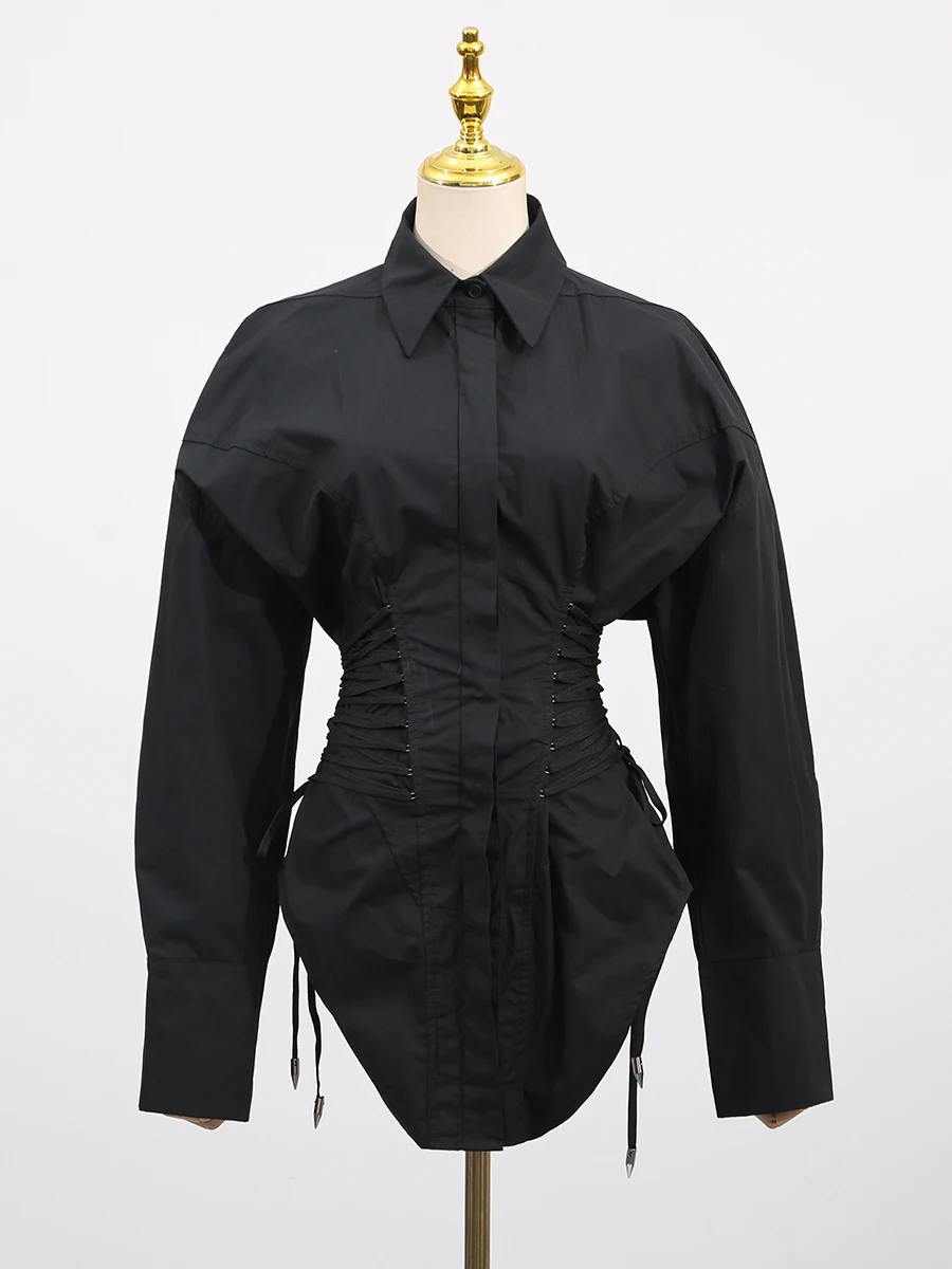 TWOTWINSTYLE Waist Strap Shirt For Women  Fashion Women\'s Niche Design Solid Color Long Sleeve Shirt Top Female 2024 Autumn New
