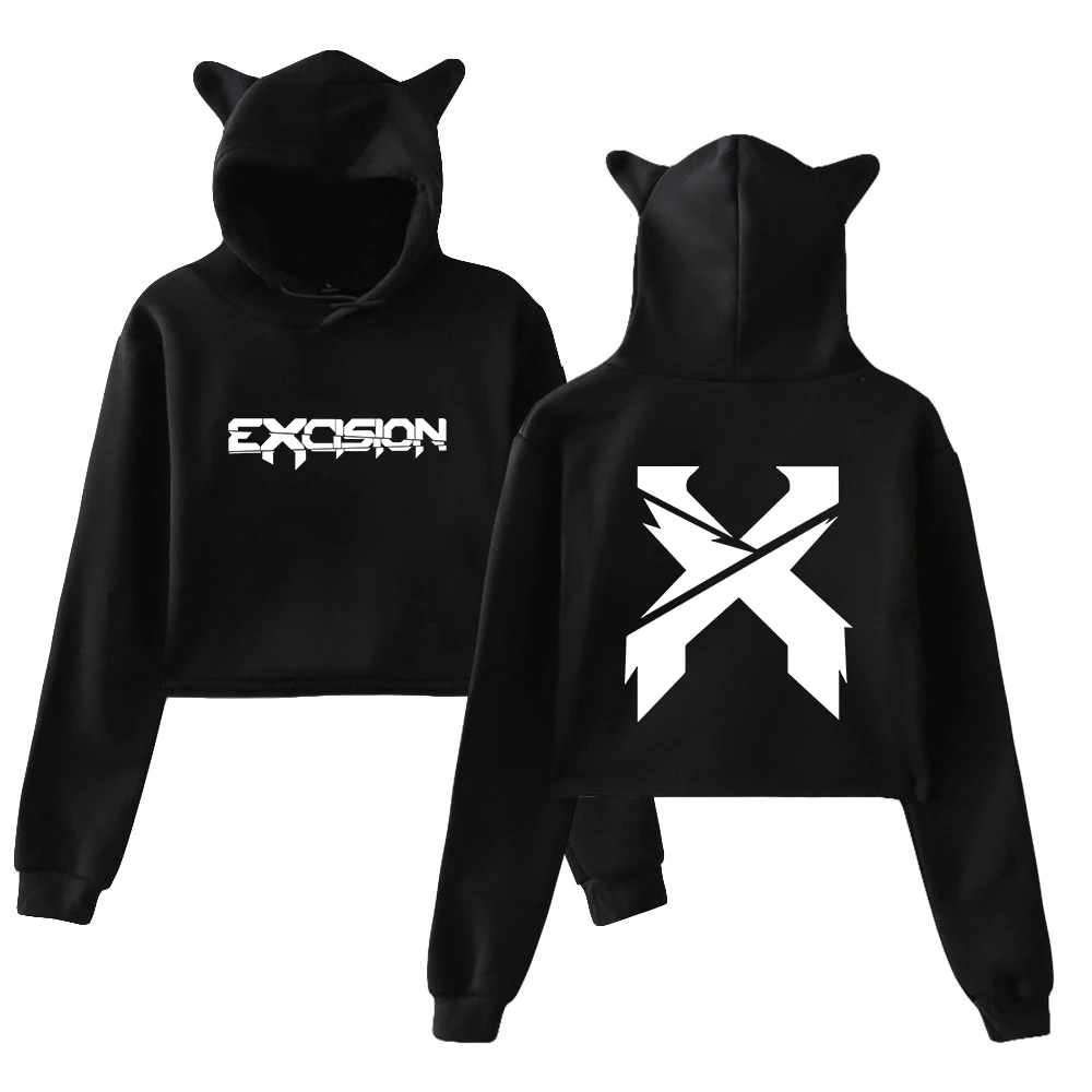 Excision Merch Cover Pullover 2024 Nexus Tour Female Cat Ears Hoodie Long Sleeve Streetwear Crop Top Women's Clothes