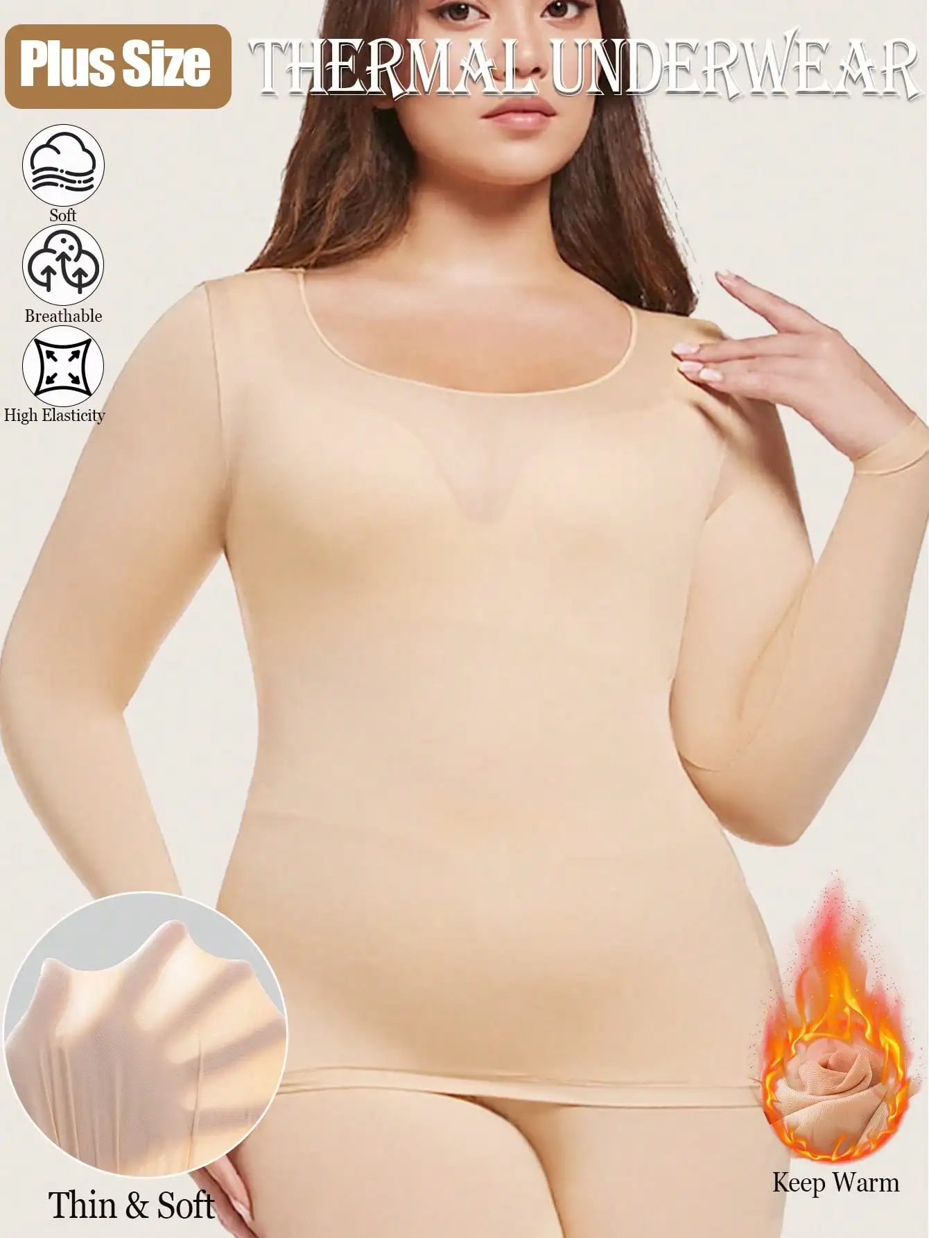 Hauts sans couture pour femmes grandes tailles, sous-vêtements thermiques ultra-fins à manches longues, col rond, haute élasticité