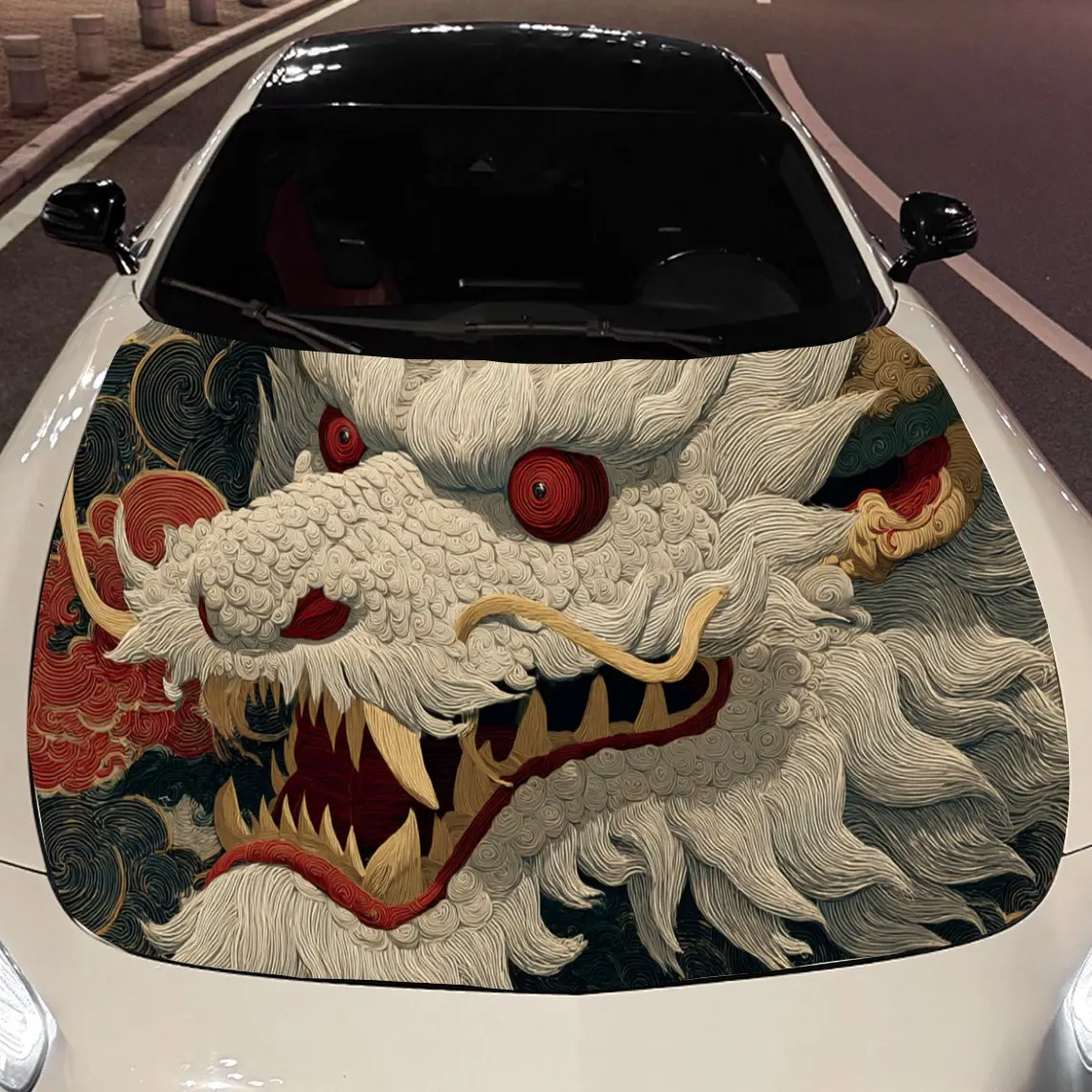 

White Dragon Car Hood Vinyl Wraps Sticker, Fashionable Auto Cover PVC Decal, Waterproof Self-adhesive Vehicle Decal, Anti-scratc