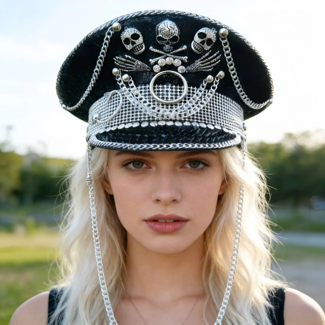 

HongLuan Carnival Disco Steampunk Captain Hat Rhinestone for Music Festival Woman, Rave Festivals Accessories ＆ Party Caps Man