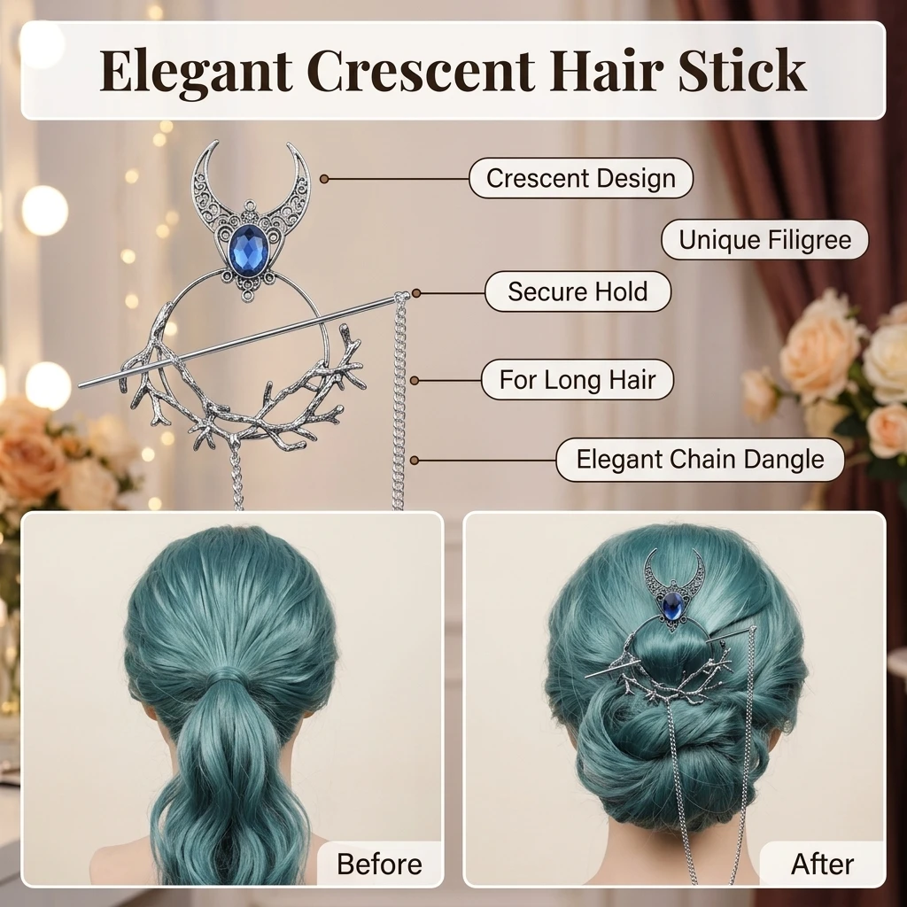 Alloy Round Hair Stick for Halloween Cosplay Women Ponytail Holder Vintage Moon Shaped Tassel Hairpin Retro Hair Accessories view 6