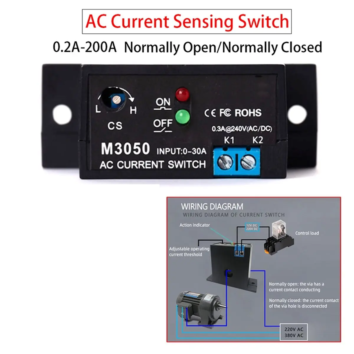 M3050 Current Sensing Switch Induction Relay Switch 30A Plc Signal over Limit Closed Current Switch Sensor