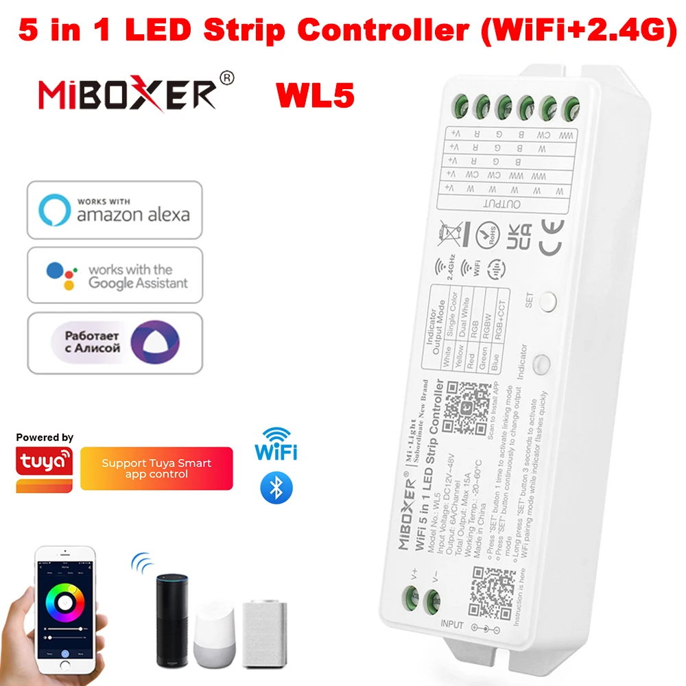 Miboxer WL5 2.4G 5IN1 WiFi LED Controller APP/TUYA /Third Party Voice Control For Single/Dual color RGB RGBW RGB+CCT Led Strip