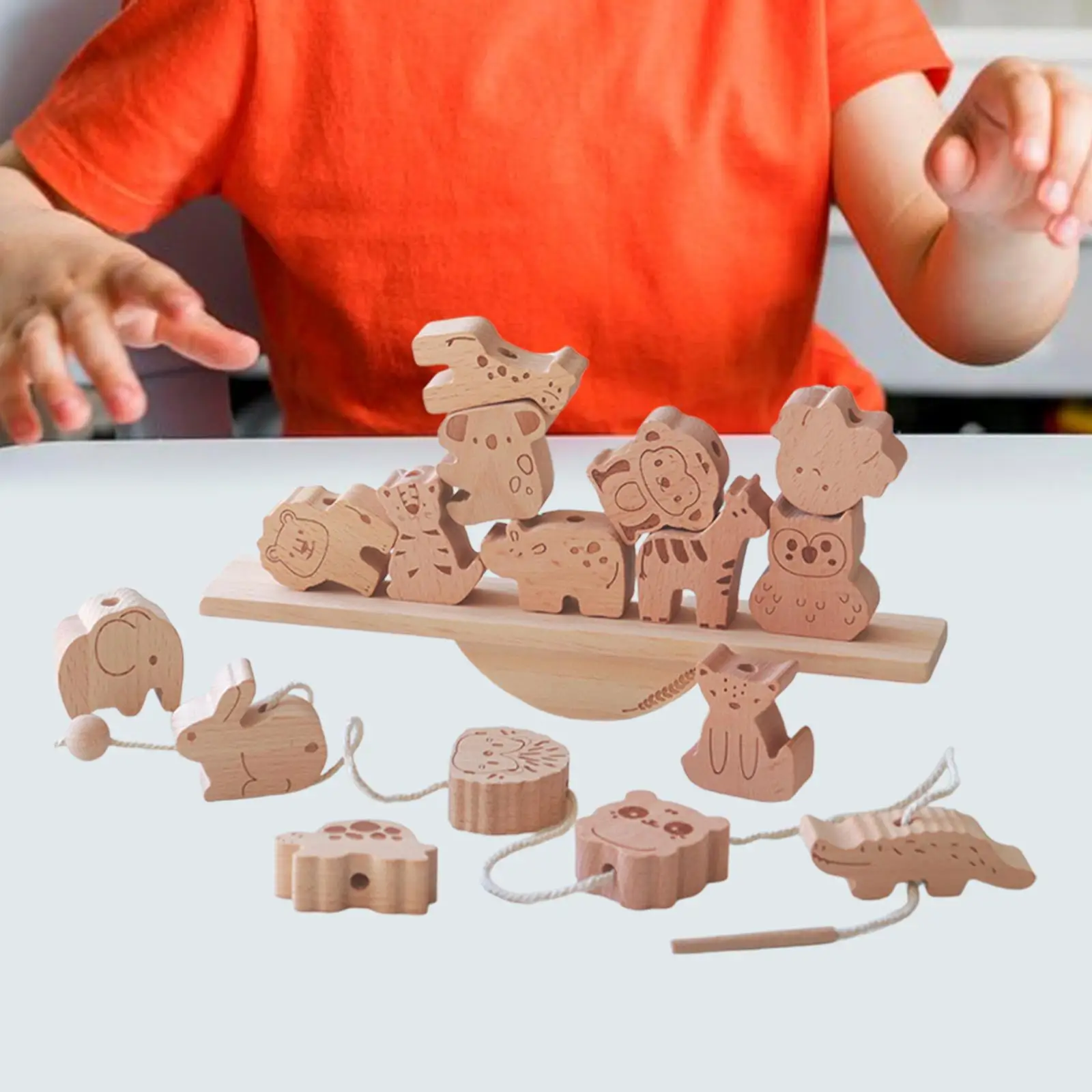 Wooden Animal Blocks Stacking Toy Early Development Smooth Surface Gifts Stringing Educational Threading for Boys Girls Birthday