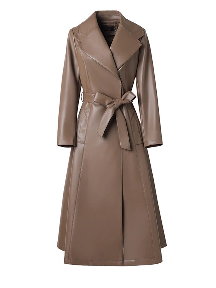   Cappotto in vera pelle Ning da donna, lunghezza media, in pelle di pecora, antivento, primaverile/autunnale, sopra il ginocchio, con cintura, maniche lunghe