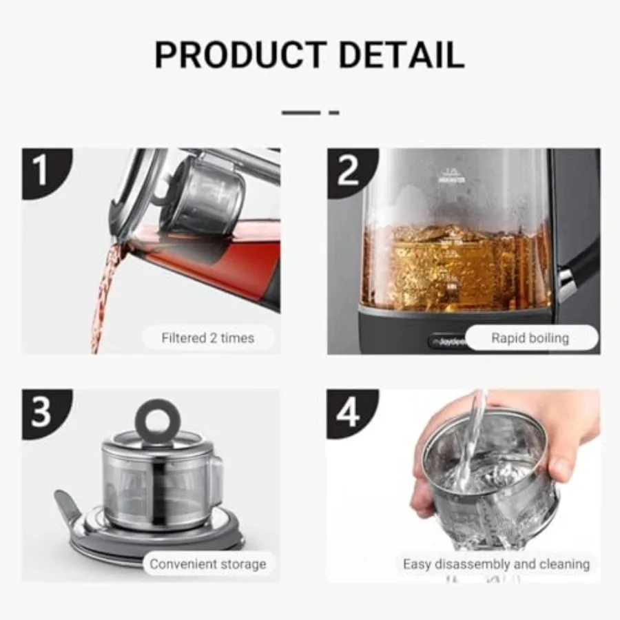 ماكينة صنع الشاي الساخن غلاية كهربائية زجاجية مع مصفاة شاي رفع تلقائي وتحكم في درجة الحرارة 1.7 لتر JD-ZC6088G