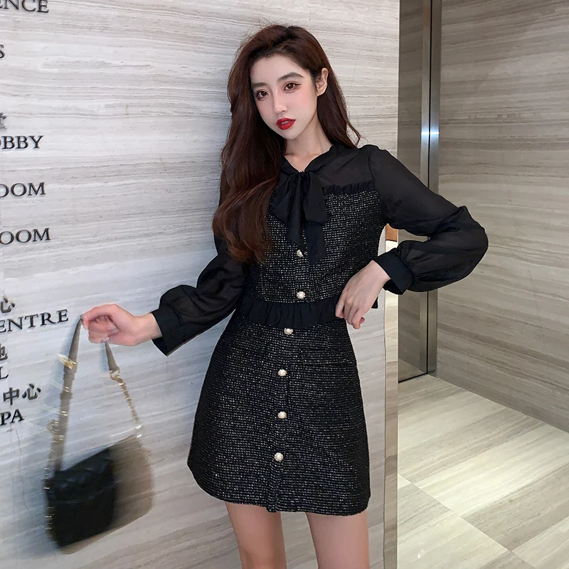 Runway Spring Kawaii 2 Piece Set Women Korean Fashion Patchwork Party Mini Skirt Suit Female Long Sleeve Bow Designer Skirt Sets