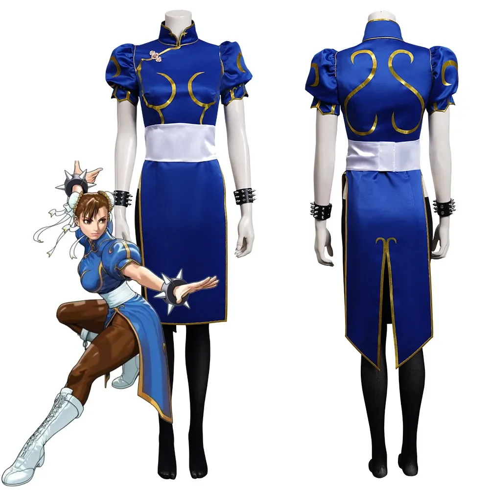 

Chun Li Cosplay Dress Costume Game SF Chunli Role Play Blue Qipao Outfit Full Set Jackie Kung fu Halloween Party Suit