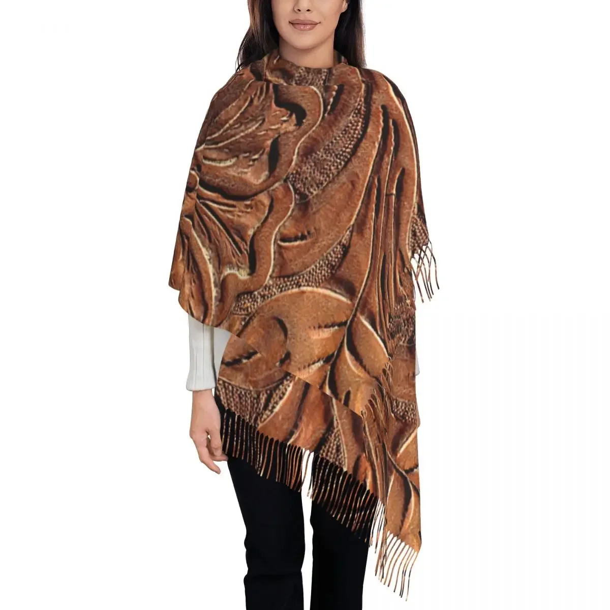 Luxury Vintage Worn Tooled Leather Pattern Tassel Scarf Women Winter Warm Shawl Wrap Ladies  Floral Textures Scarves