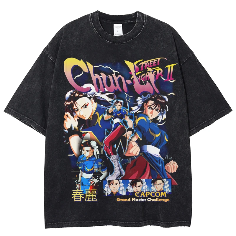 Chun Li Street Fighter Unisex Washed T-Shirt Oversized Cotton T Shirt Mans Tops Fashion O Neck TShirt Harajuku Streetwear