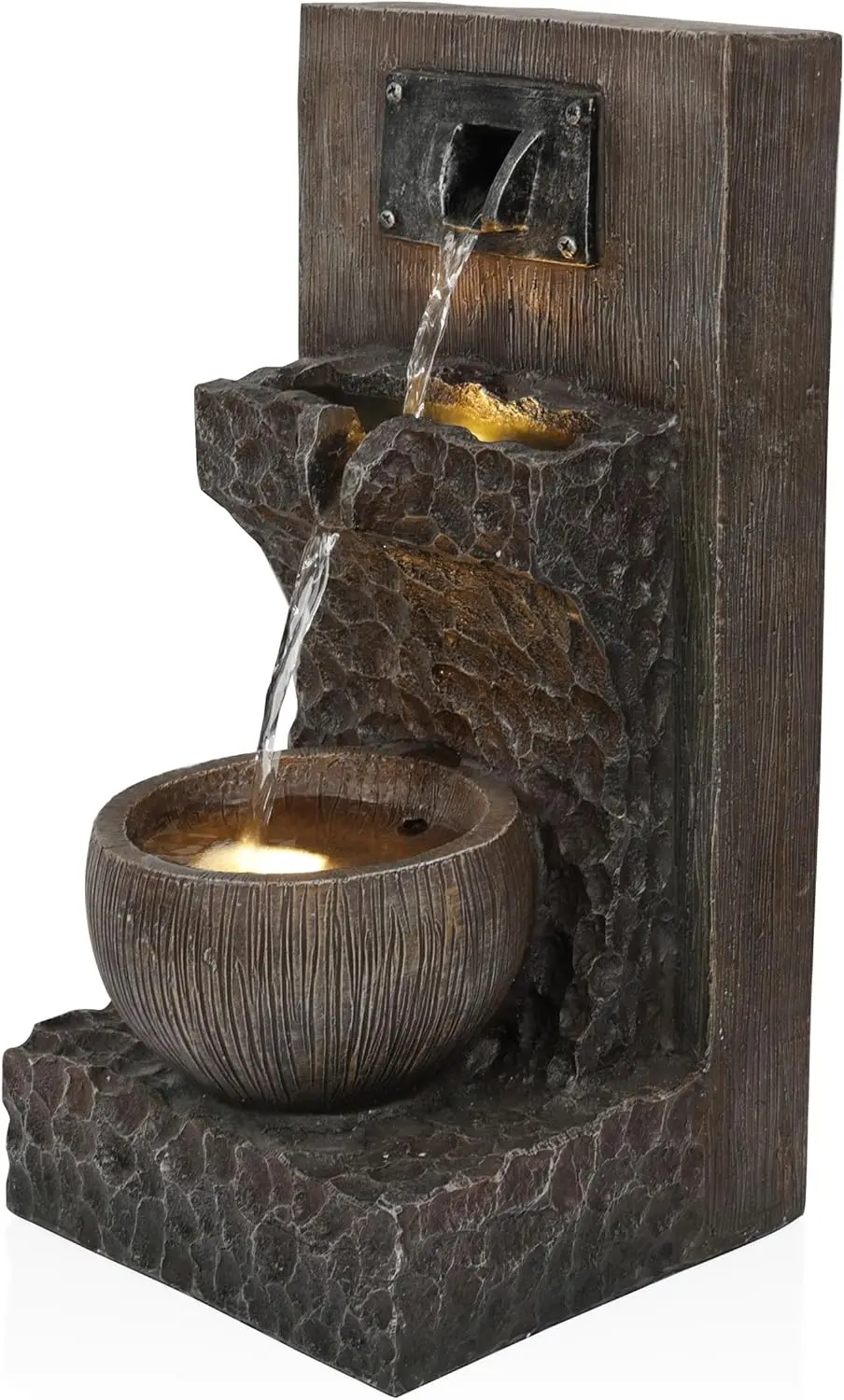3-Tier Indoor/Outdoor Water Fountain with LED Lights, Cascading Design, 20" Height, Brown