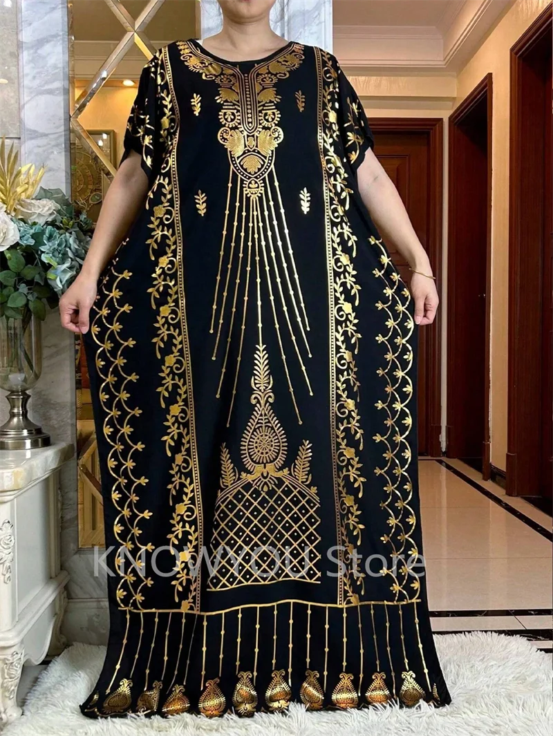 2Pcs Women's Embossed Pattern Robe Headscarf Set Arab Luxury Gown Head Covering Summer Short Sleeve Cotton Dress Islam African