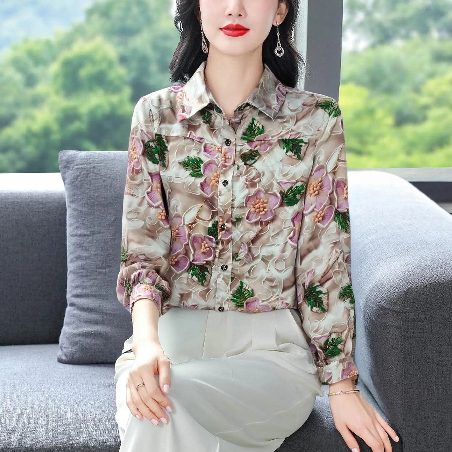 

Retro Hong Kong Sle Women's Chiffon irt Casual Turn-down Collar Slimming Base Layer Top Faionable Autumn Wear
