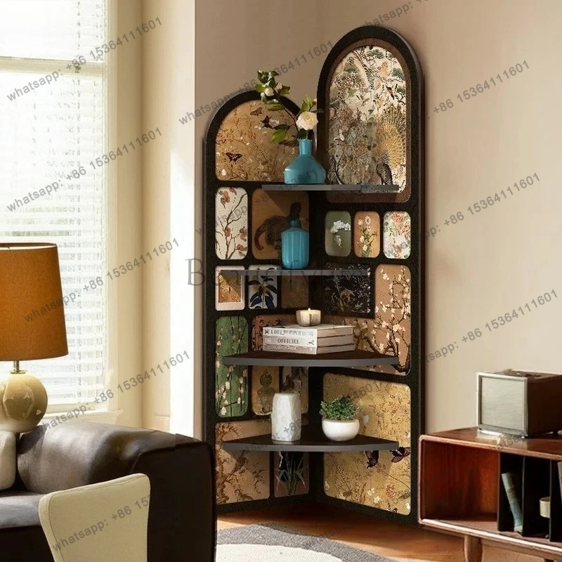Vintage Corner Cabinet Storage Rack Bedside Floor Ornament Decorative Bookshelf Living Room  Multi-layer Triangle Cabinet