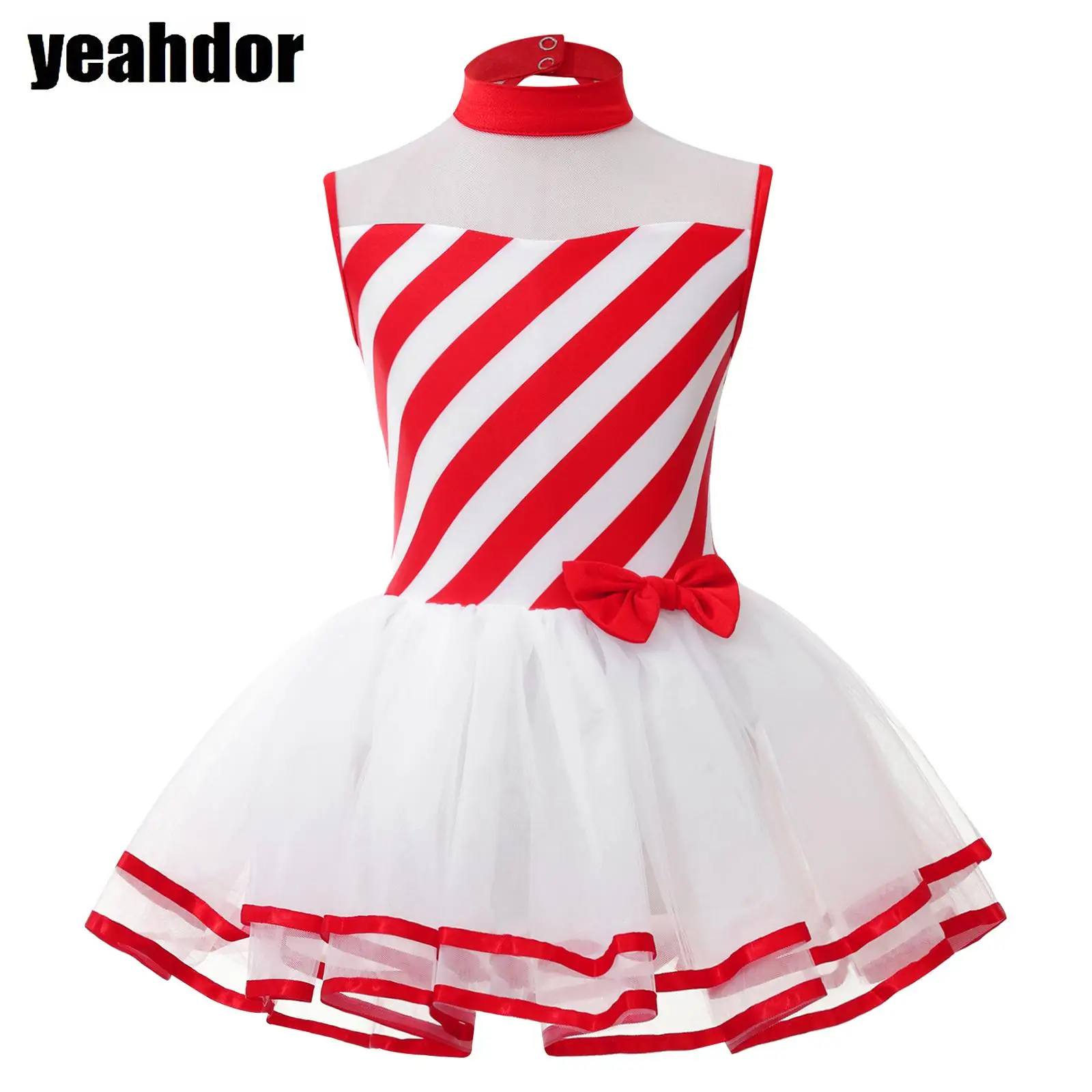 

Girls Candy Cane Dress Christmas Striped Ballet Tutu Dress Sleeveless Mesh Yoke Ribbon Tulle Skirt Halloween Carnival Cosplay