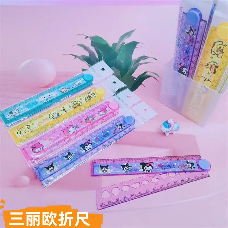 4Pcs/Set Sanrio Ruler Set Cartoon Kuromi Cinnamoroll Acrylic Ruler Set Triangle Straight Edge Round Ruler Student Stationery