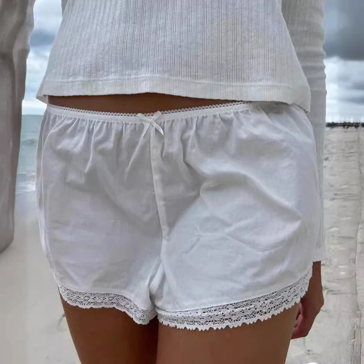 Lace Trim Cotton Shorts for Women Summer Clothes 2024 High Waist White Kawaii Cute Skort Shorts Girls 2000s Y2K Youthful Shorts