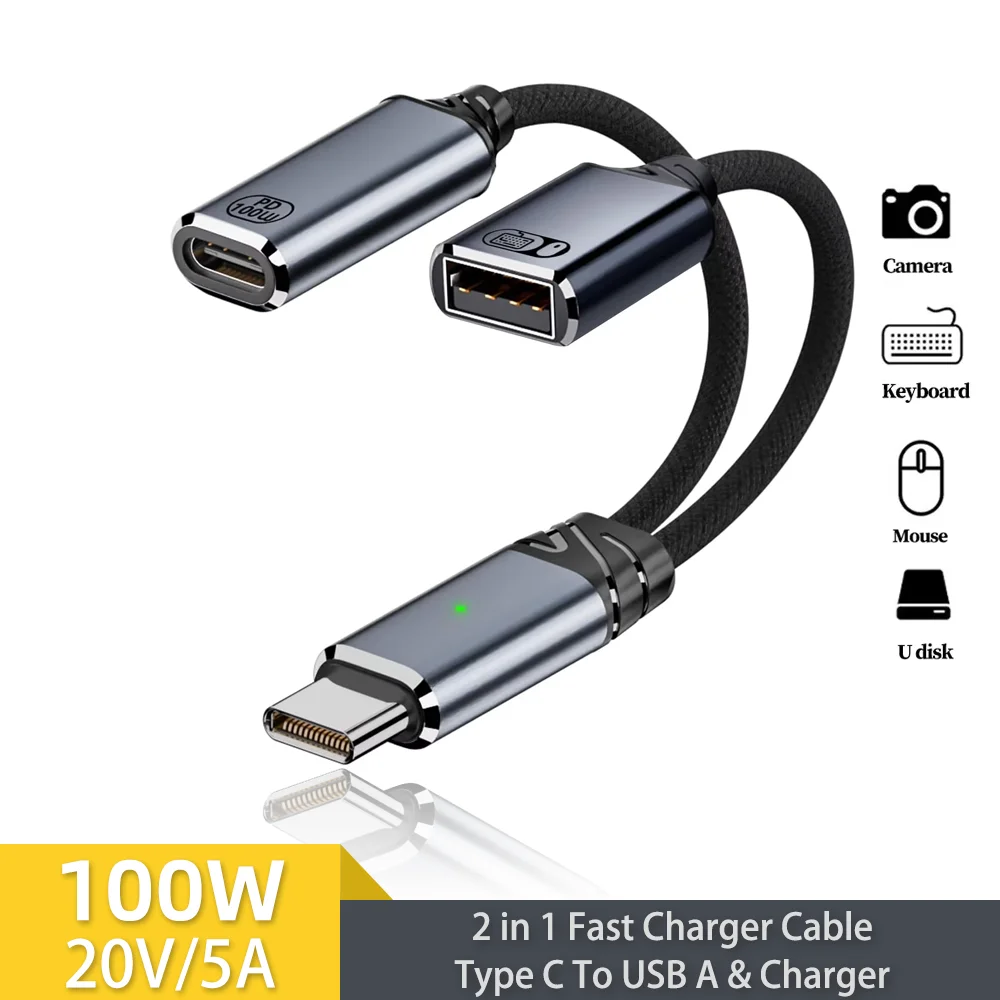 2 in 1 PD100W USB C OTG Charging Adapter Cable Type C to USB 2.0 Data Converter for iPad Pro Samsung Huawei Xiaomi Laptop Tablet