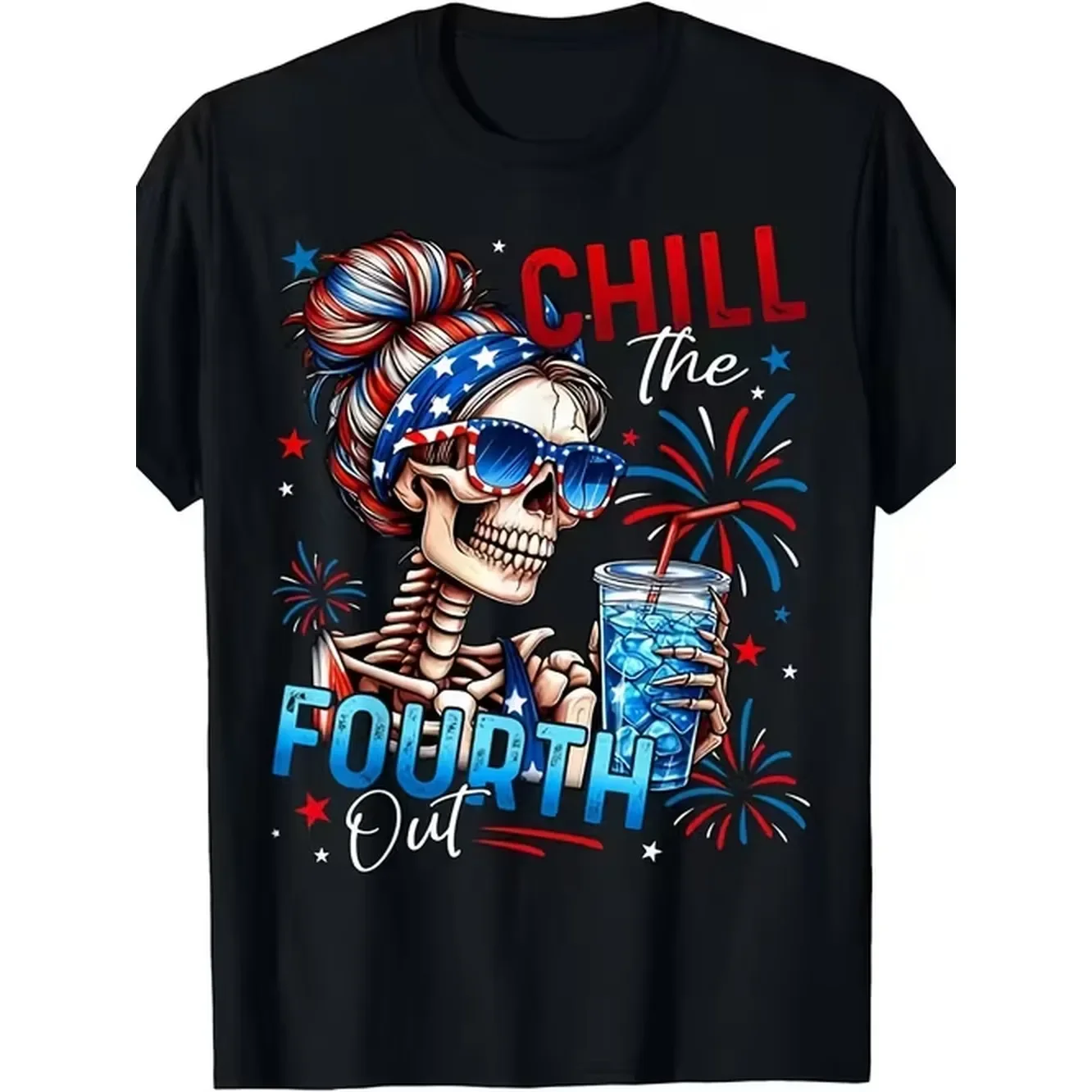 Funny T Shirt Out Skeleton Retro Graphic Shirt Heavyweight 220gsm Cotton Unisex Top for Men Women Bbq Parade Fireworks Vintage Outfit Short Sleeved Round Neck Machine Washable Festive Skeleton Fireworks Design Comfortable Breathable for Summer Wear