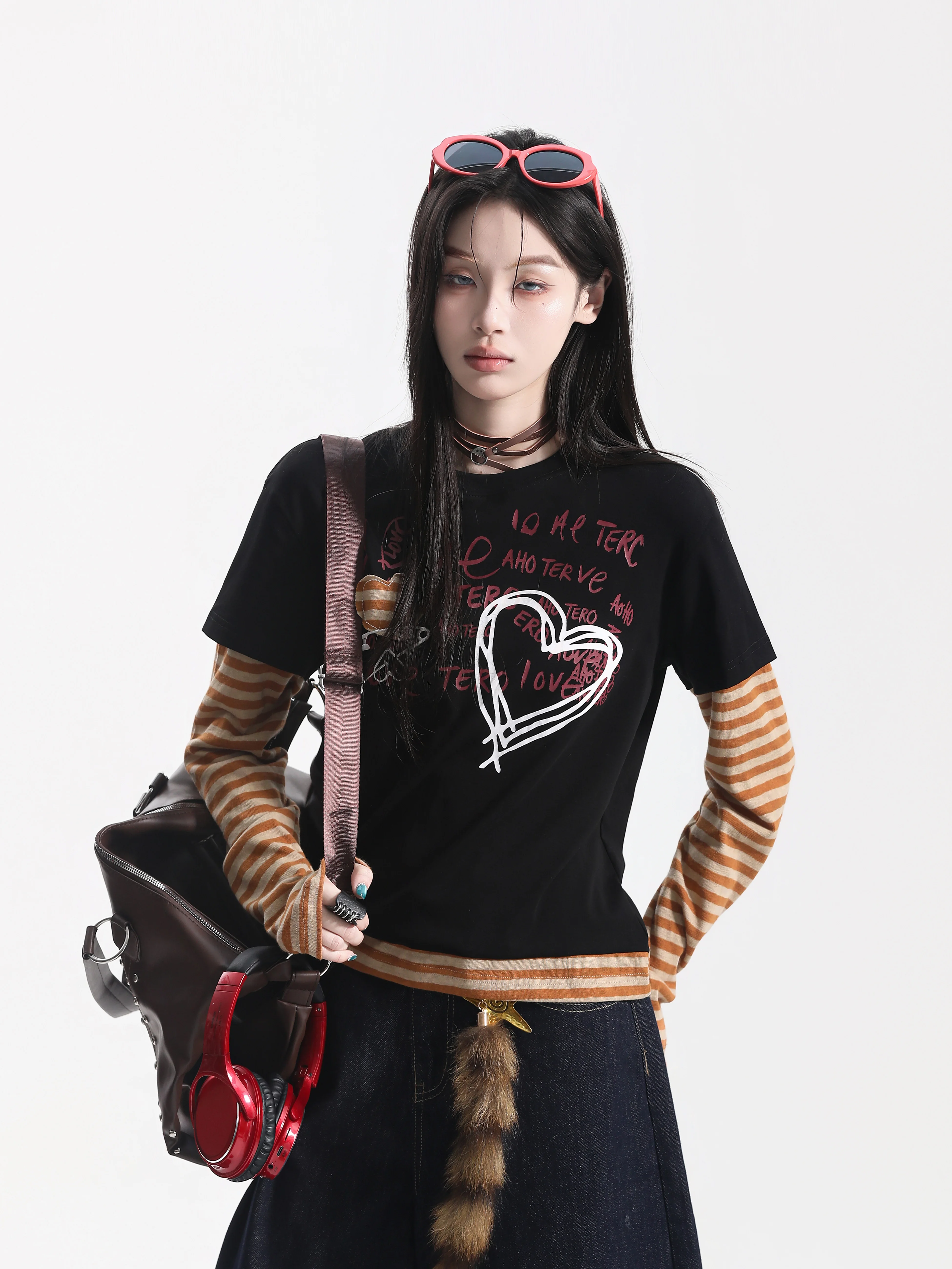 Casual Style Long Sleeve Women's T-shirt Striped Print Heart Shape Design Breathable Comfortable Cotton Polyester Blend