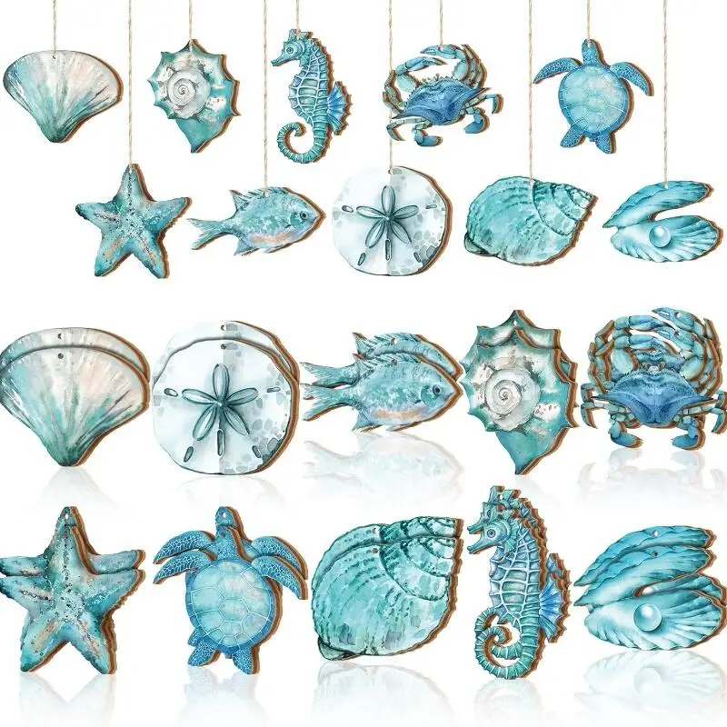 20Pcs Summer Ocean Animals Ornaments with Rope Tree Wooden Beach Hanging Pendants for Ocean Themed Decoration Party Supplies