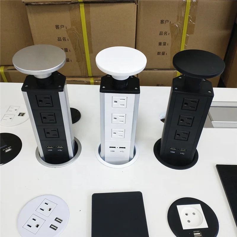 

Hidden Automatic Tabletop Pop up Kitchen manual pull up worktop USB tower socket with 3AC US power outlet 2usb charging