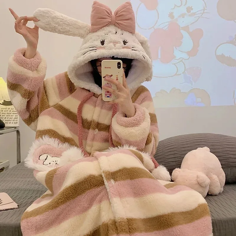 

Зимняя новая стильная домашняя одежда с милым кроликом, верхняя одежда, ночная рубашка, утолщенная пушистая пижама из кораллового флиса для женщин