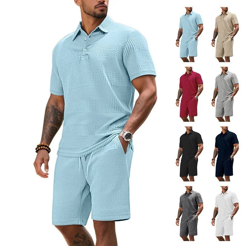 

Loose new summer versatile fashion trend men's casual solid color lapel shirt short-sleeved jacquard suit