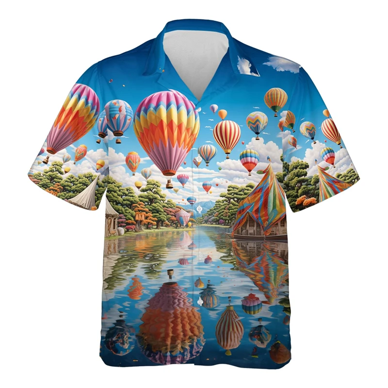 

Colorful Hot Air Balloon Graphic Shirts For Men Casual Hawaii Female Fire Balloon Beach Shirt Short Sleeve Airball Male Blouses