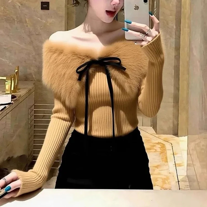 

Сексуальный вязаный укороченный свитер с открытыми плечами, женский корейский большой меховой воротник, лоскутный пуловер на шнуровке с длинным рукавом, тонкий джемпер с милым бантом, топ