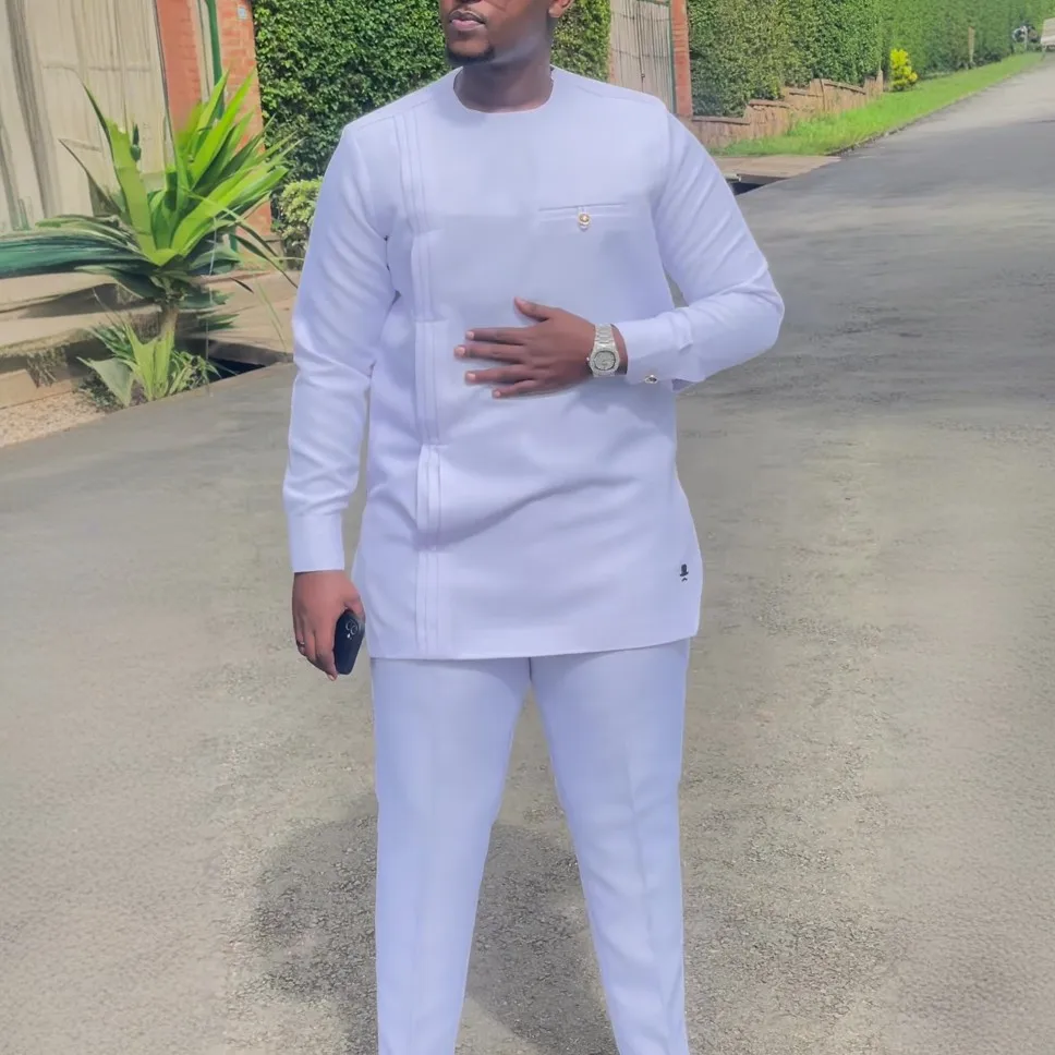 Men's Designer Clother Solid Color White Luxury Brand Clothing For Male African Traditional Outfit Dashiki 2Pc Elegant Men Suits Full Pant Sets view 4
