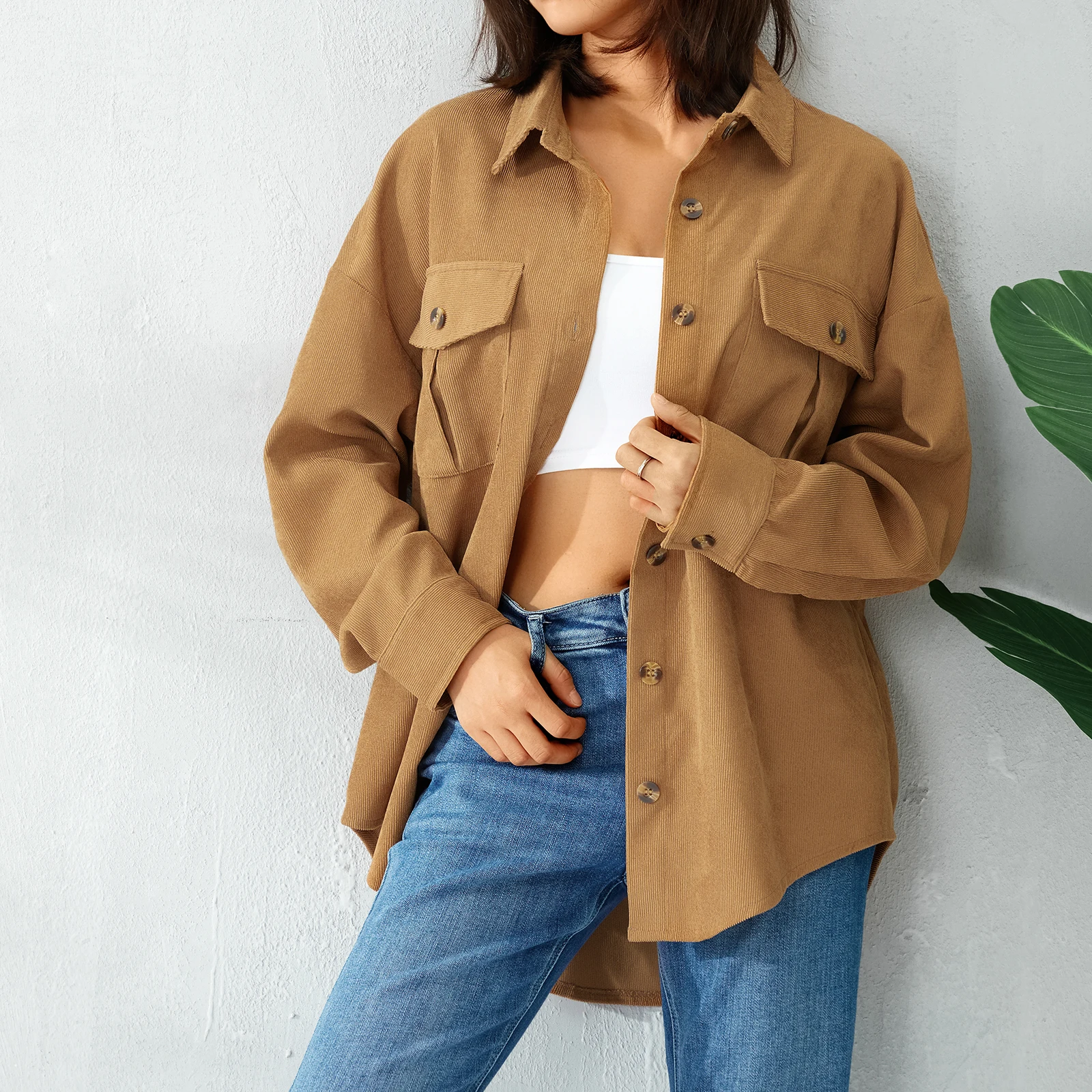 Women Fall Corduroy Shirt Jacket Adults Button-down Solid Color Long Sleeve Loose Lapel Outerwear with Pockets