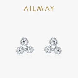 Ailmay Sparkling Clear Zircon Fashion 925 Sterling Silver Geometric Stud Earrings For Fine Female Fashion Fine Jewelry