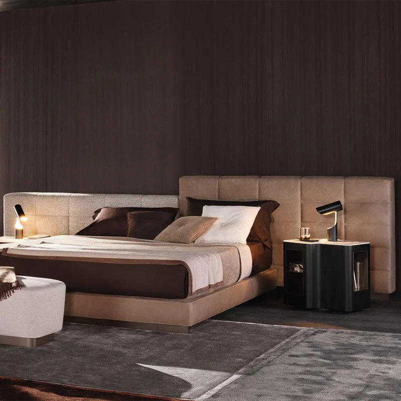 Italian minimalist double bed fabric bed hotel villa suitable for high and low screen bedroom cowhide leather bed