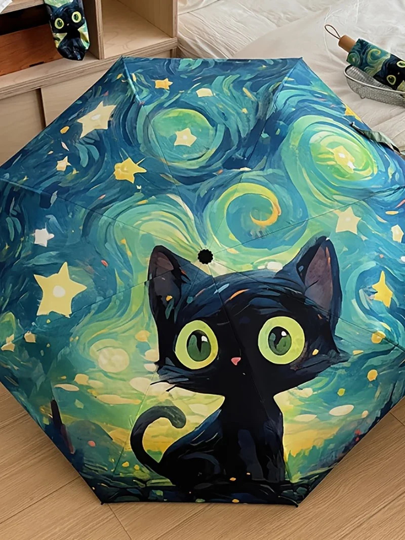 New Cute Black Cat 8ribs Umbrella Van Gogh Inspired Folding Automatic Umbrellas for Women Travel Compact UV Sunshade