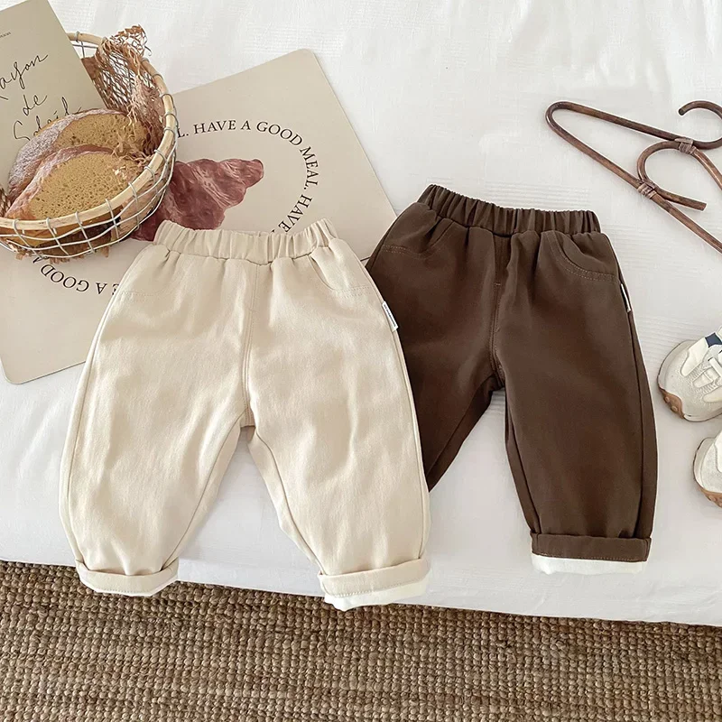 

Winter Baby Pants Solid Casual Girls Trousers Fur Lining Boys Pants Warm Plush Outfit