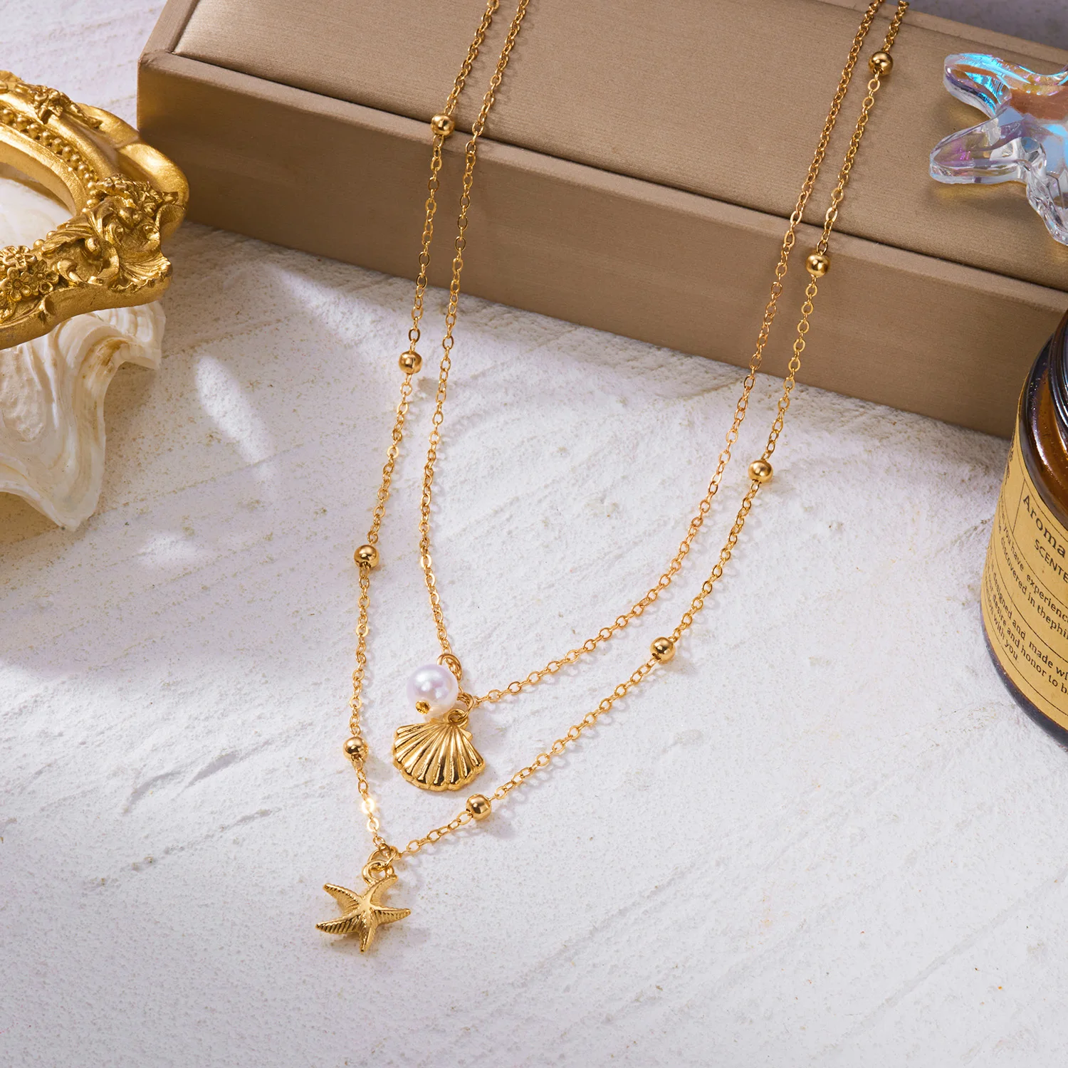 Minimalistische Seestern-Kugelketten-Halsketten für Frauen Doppelschichtige Metall-Muschel Seestern-Anhänger Halsketten Urlaubsparty-Schmuck – Detail 4