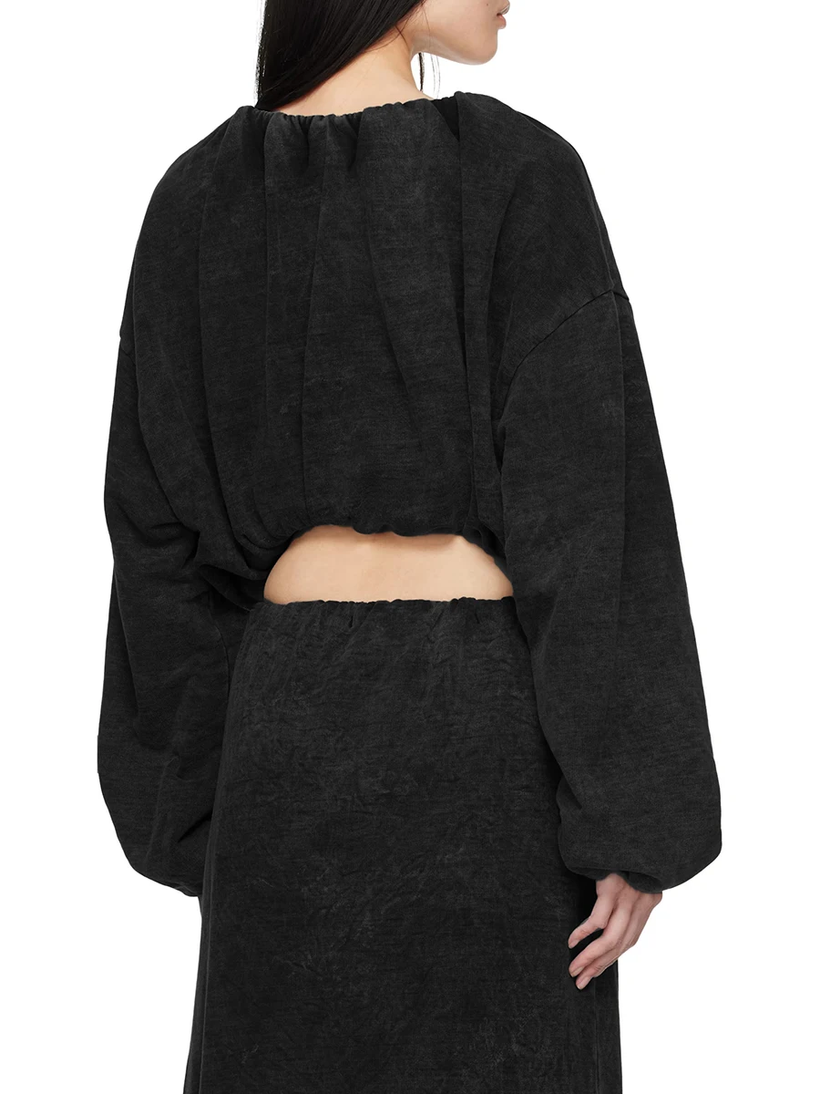 VGH American Casual Spliced Folds Hoodie for Women V Neck Long Sleeve Loose Short Style Minimalist Sweatshirt Female Autumn New