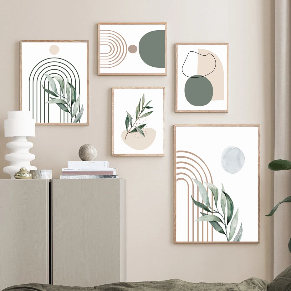 

Boho Sage Green Plants Abstract Geometric Line Wall Art Canvas Painting Nordic Posters and Prints Pictures for Living Room Decor