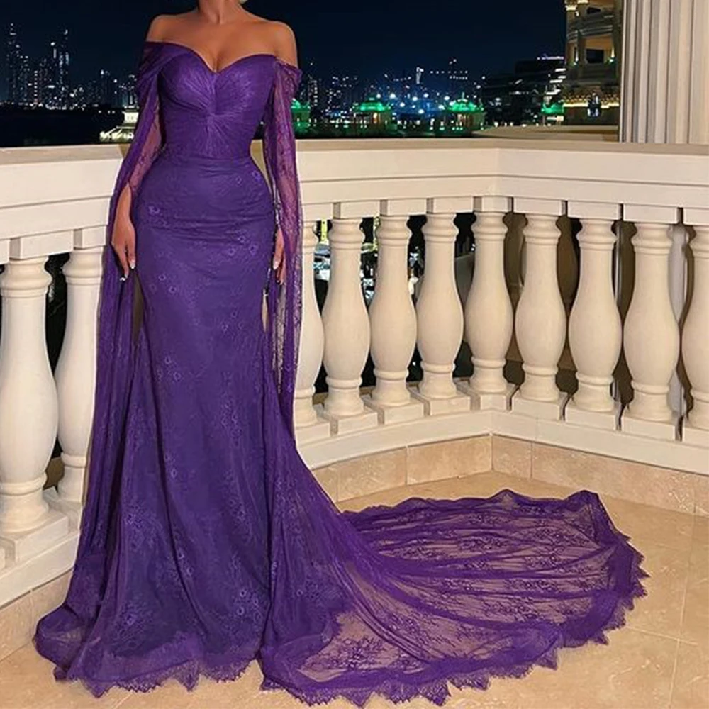 Flechazo Purple Lace Mermaid Evening Dress V-Neck Off the Shoulder Long Sleeves Backless Women Party Banquet Gowns Custom